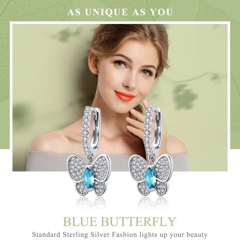 (image for) Pandora Style Silver Blue Butterfly Hanging Earrings - SCE513 - View 2