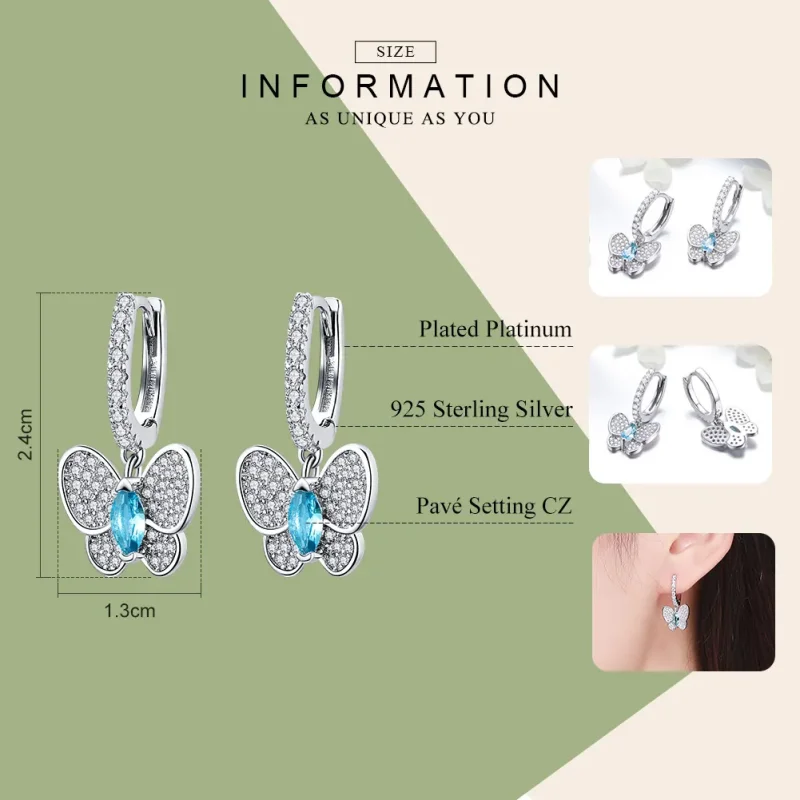 (image for) Pandora Style Silver Blue Butterfly Hanging Earrings - SCE513 - View 3