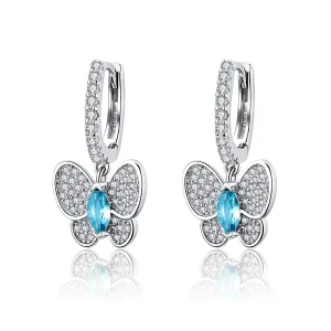 (image for) Pandora Style Silver Blue Butterfly Hanging Earrings - SCE513