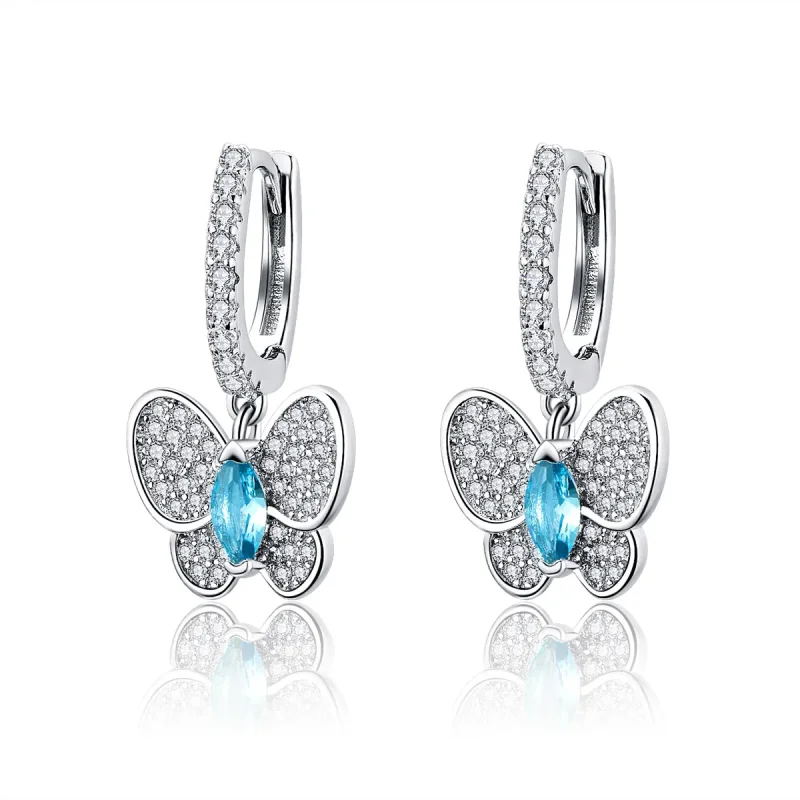 (image for) Pandora Style Silver Blue Butterfly Hanging Earrings - SCE513