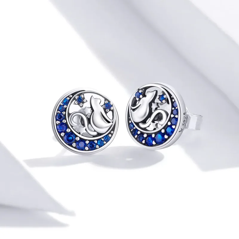 (image for) Pandora Style Silver Blue Moon & Kitty Stud Earrings - SCE880 - View 3