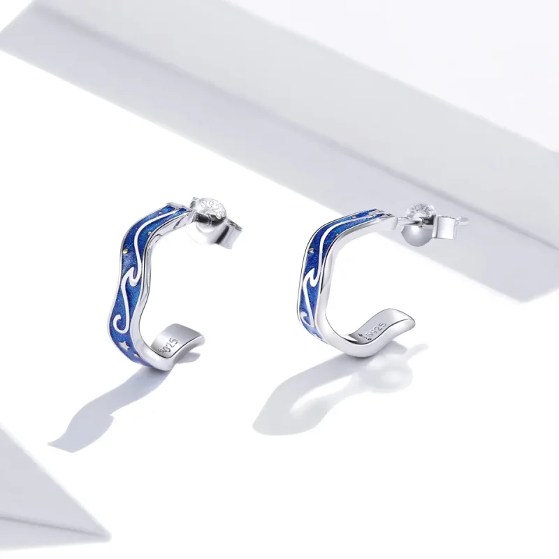 (image for) Pandora Style Silver Blue Star Pattern Stud Earrings - SCE1029 - View 3