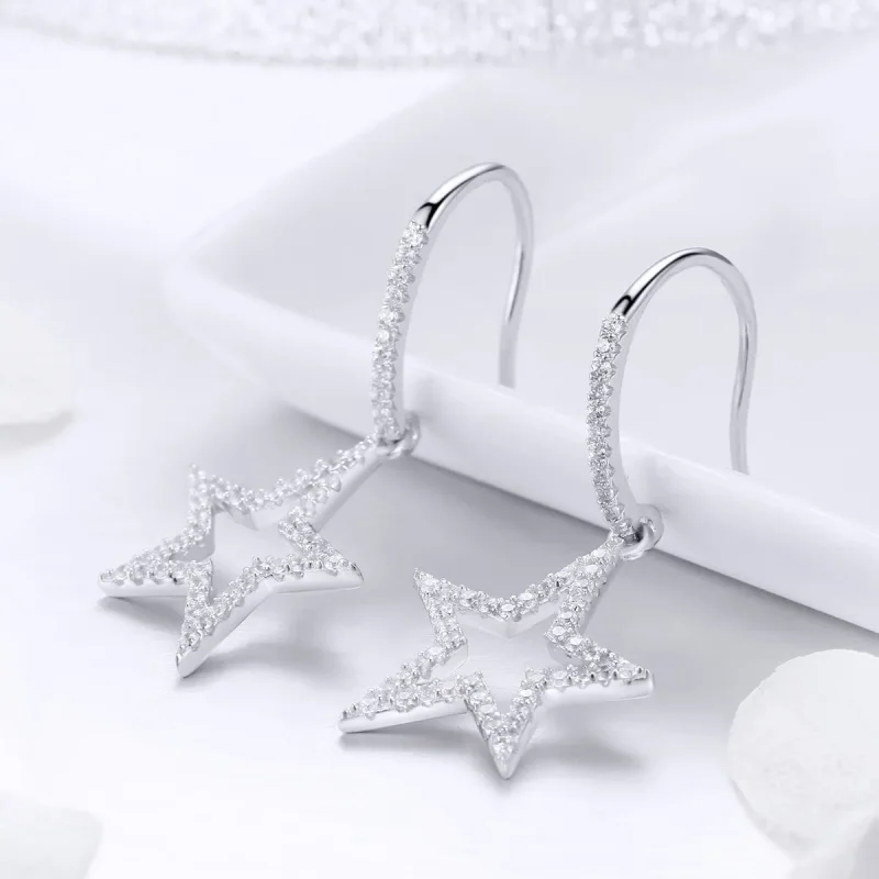(image for) Pandora Style Silver Bright Star Hanging Earrings - SCE434 - View 2