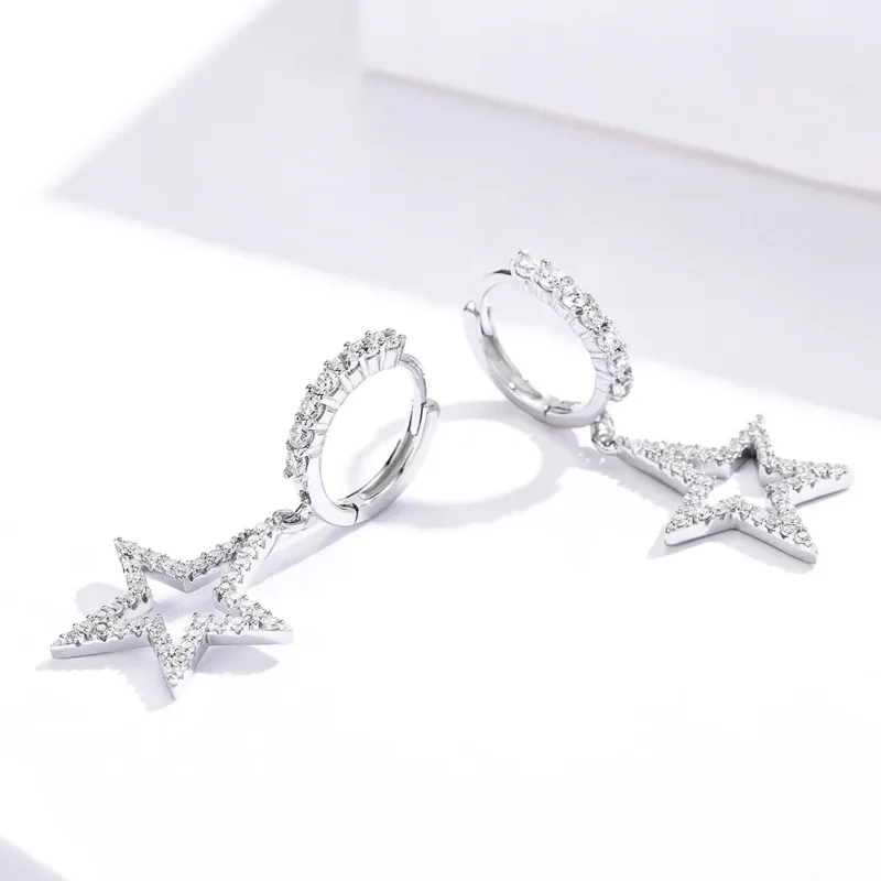 (image for) Pandora Style Silver Bright Star Hanging Earrings - SCE593 - View 2