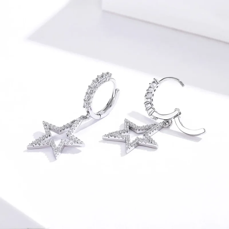 (image for) Pandora Style Silver Bright Star Hanging Earrings - SCE593 - View 3