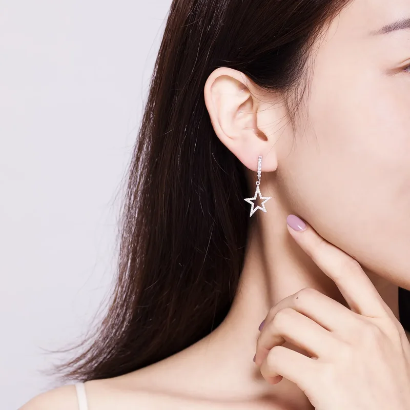 (image for) Pandora Style Silver Bright Star Hanging Earrings - SCE593 - View 5