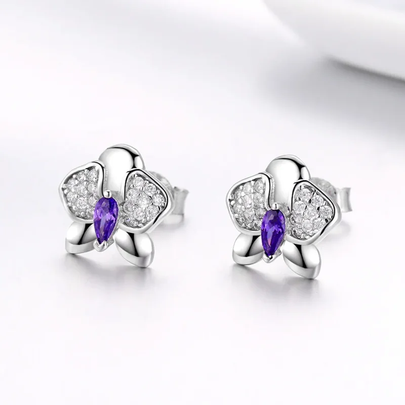 (image for) Pandora Style Silver Butterfly Orchid Stud Earrings - BSE036 - View 2