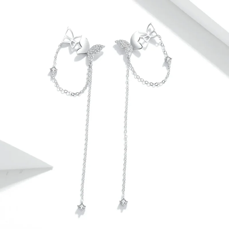 (image for) Pandora Style Silver Butterfly With Tassel Dangle Earrings - SCE942 - View 2