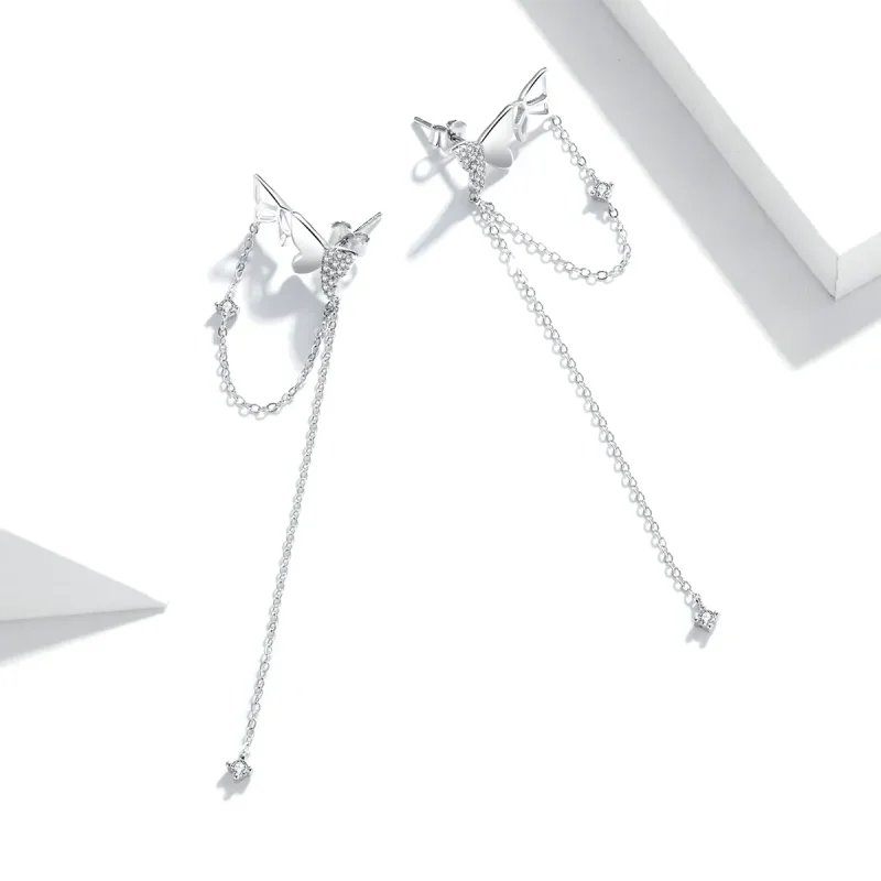 (image for) Pandora Style Silver Butterfly With Tassel Dangle Earrings - SCE942 - View 3