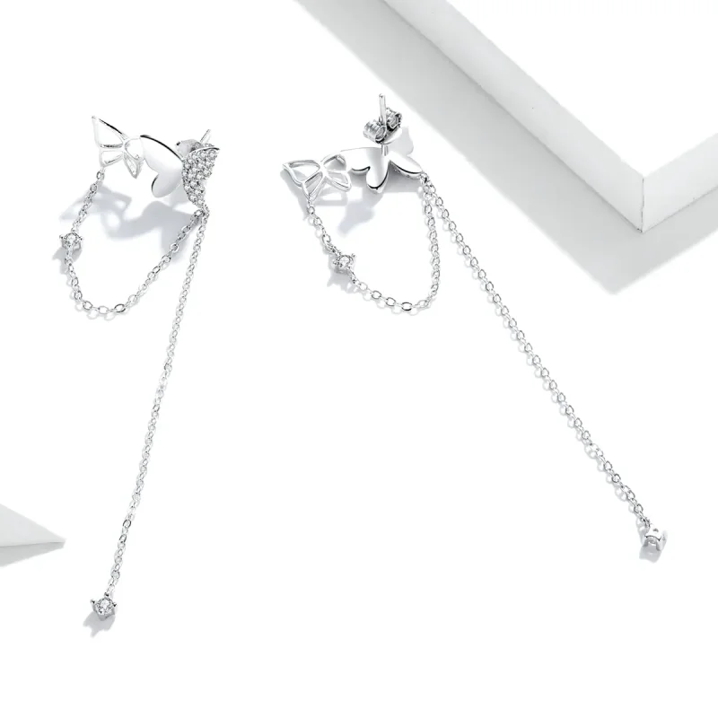 (image for) Pandora Style Silver Butterfly With Tassel Dangle Earrings - SCE942 - View 4