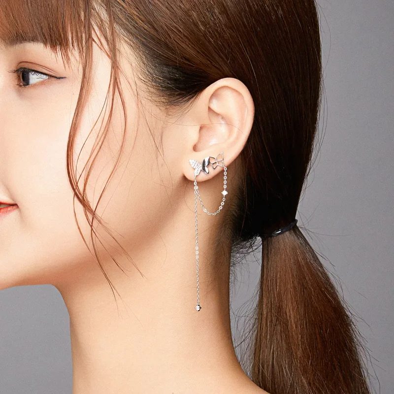(image for) Pandora Style Silver Butterfly With Tassel Dangle Earrings - SCE942 - View 5
