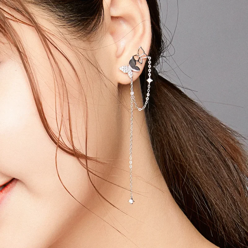 (image for) Pandora Style Silver Butterfly With Tassel Dangle Earrings - SCE942 - View 7