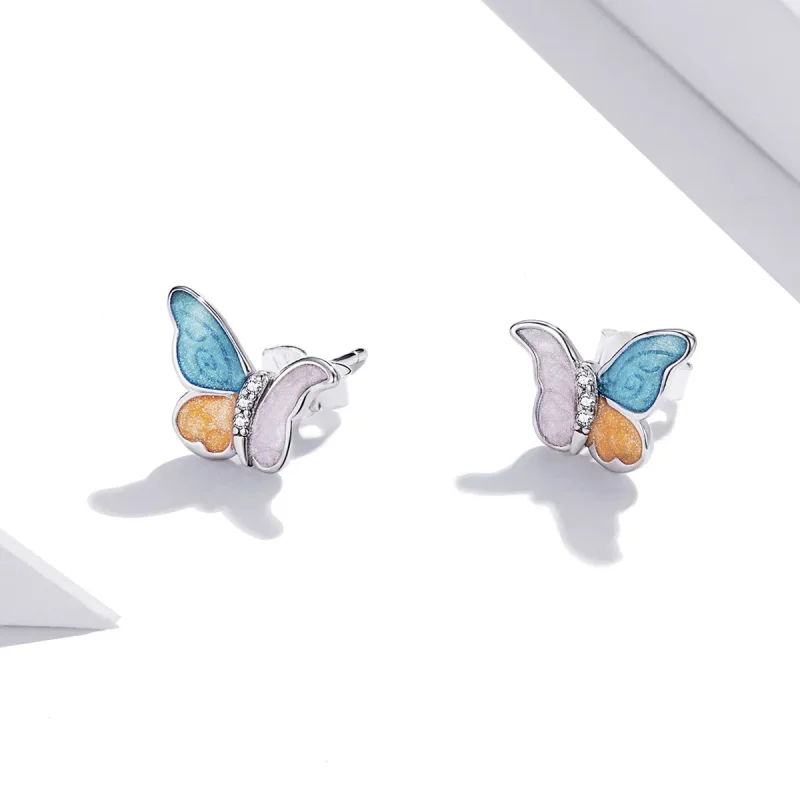 (image for) Pandora Style Silver Butterfly With Three Colors Stud Earrings - SCE1156 - View 2