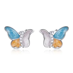 (image for) Pandora Style Silver Butterfly With Three Colors Stud Earrings - SCE1156