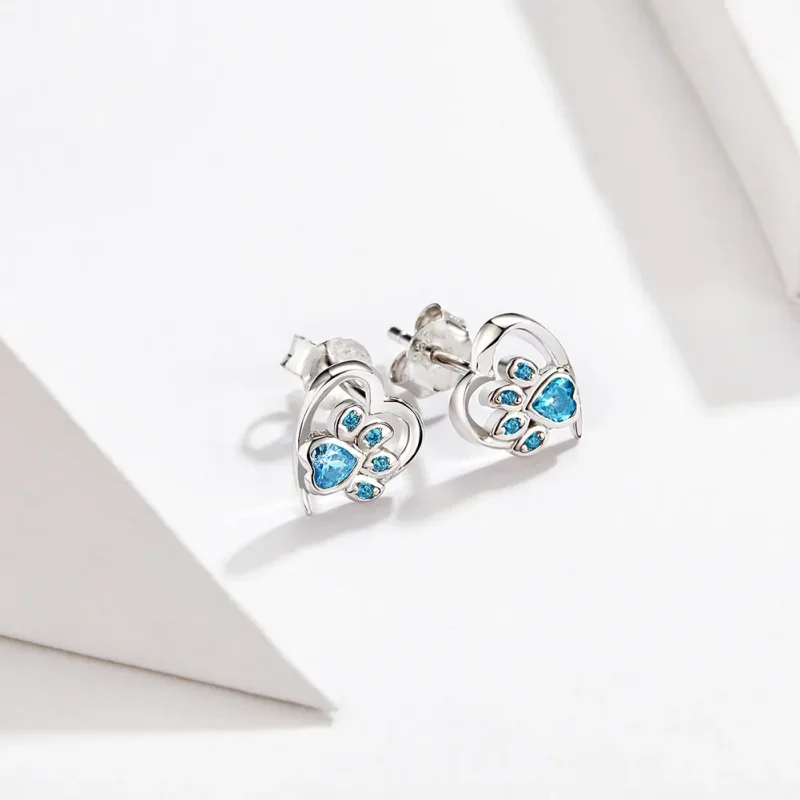 (image for) Pandora Style Silver Caring Dog Paw Heart Stud Earrings - SCE654 - View 2