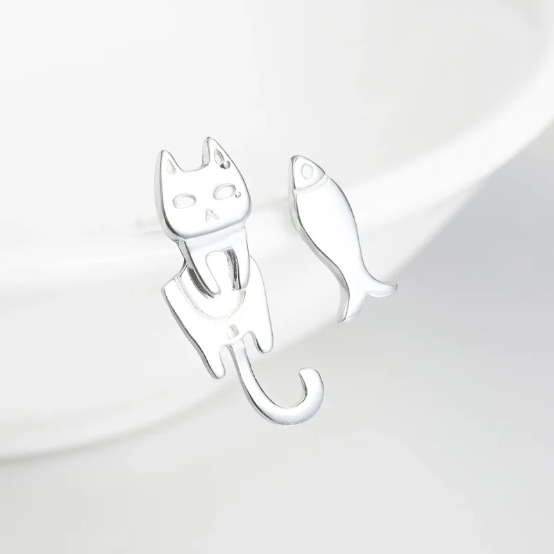 (image for) Pandora Style Silver Cat and Fish Stud Earrings - SCE488 - View 2