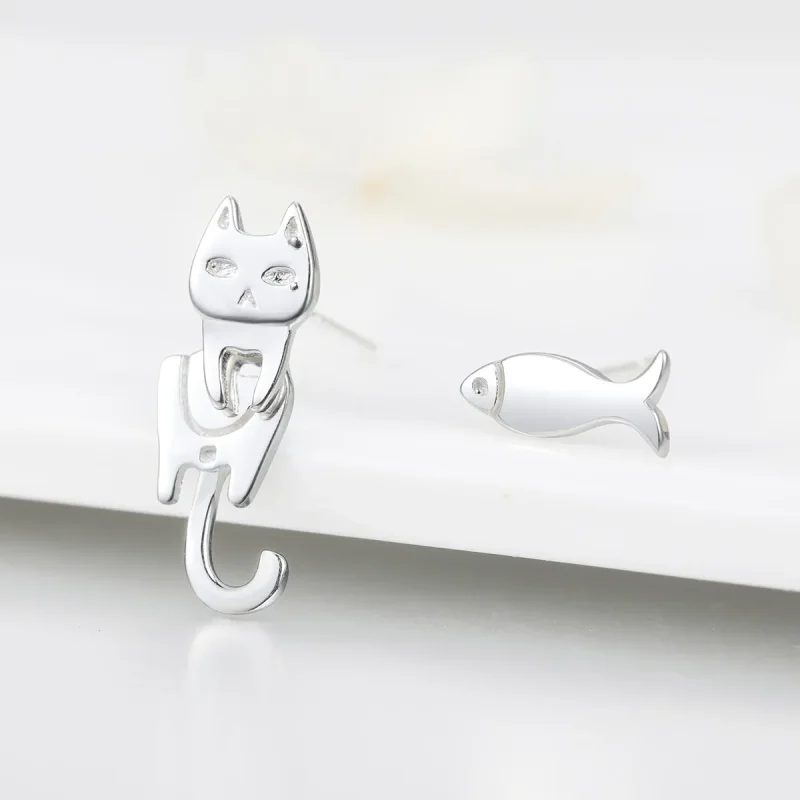 (image for) Pandora Style Silver Cat and Fish Stud Earrings - SCE488 - View 3