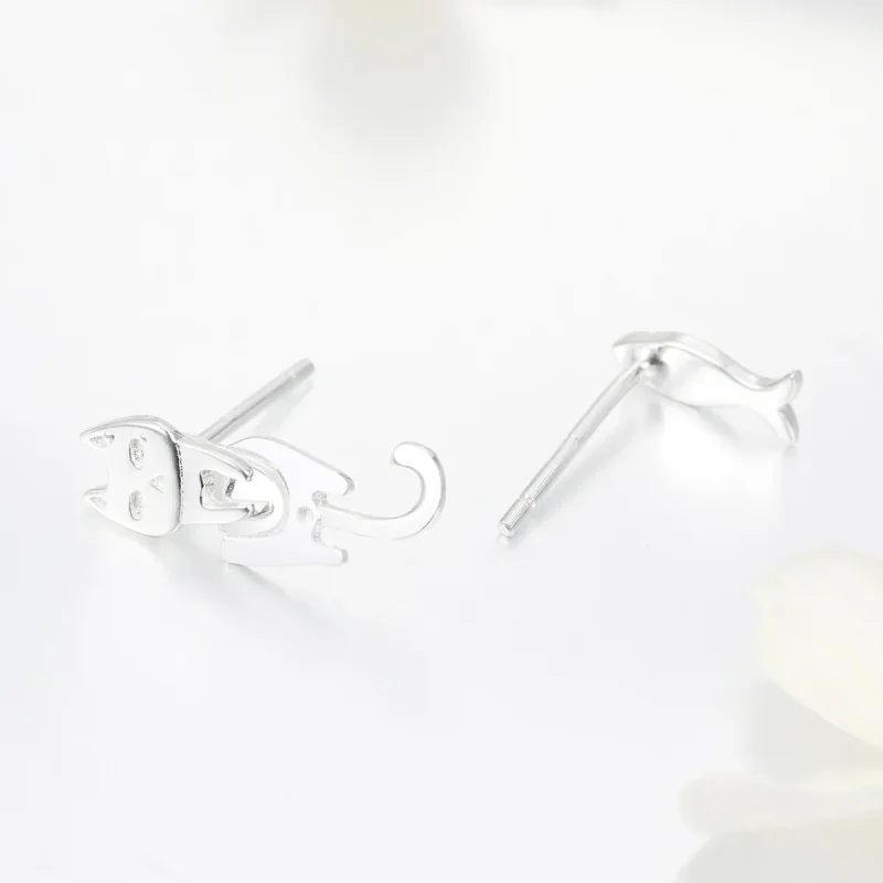 (image for) Pandora Style Silver Cat and Fish Stud Earrings - SCE488 - View 4