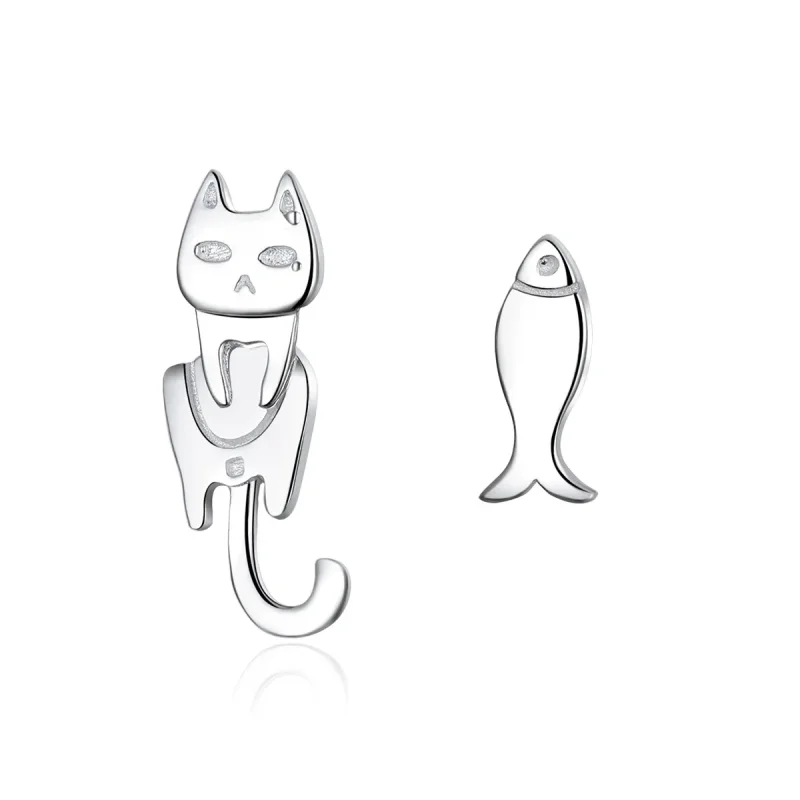 (image for) Pandora Style Silver Cat and Fish Stud Earrings - SCE488