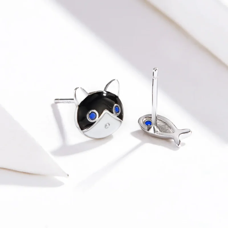 (image for) Pandora Style Silver Cat and Fish Stud Earrings - SCE623 - View 3