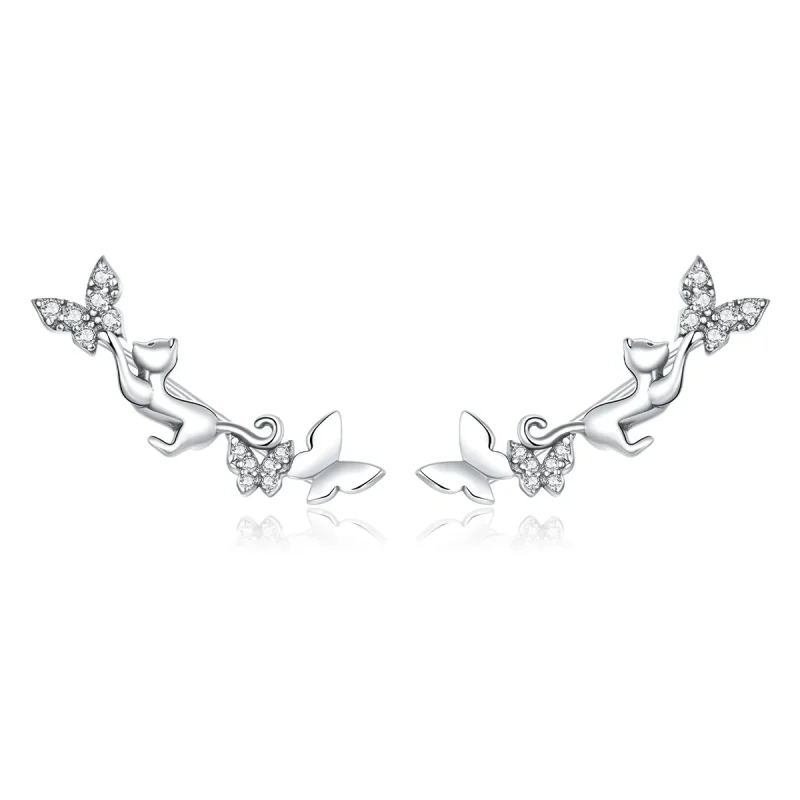 (image for) Pandora Style Silver Cat & Butterflies Stud Earrings - SCE961