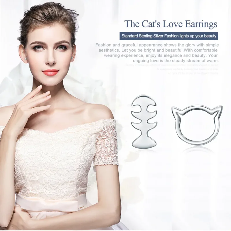 (image for) Pandora Style Silver Cat Love Stud Earrings - SCE128 - View 2
