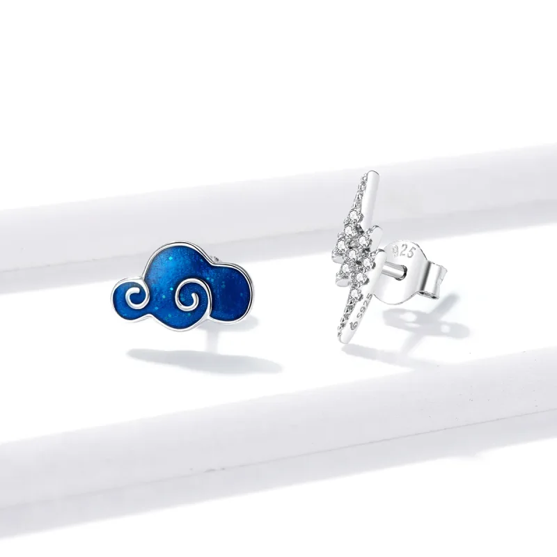 (image for) Pandora Style Silver Clouds And Lightning Stud Earrings - BSE429 - View 3