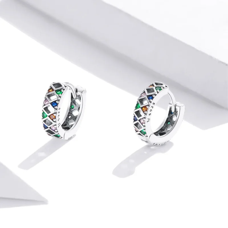 (image for) Pandora Style Silver Color Dot Blocks Hoop Earrings - SCE1123 - View 2