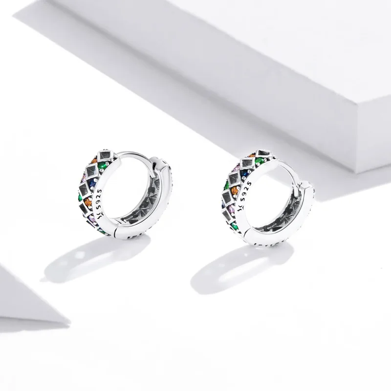 (image for) Pandora Style Silver Color Dot Blocks Hoop Earrings - SCE1123 - View 3