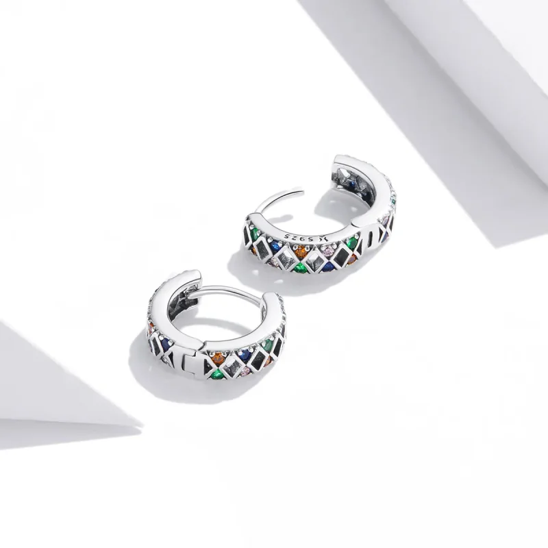 (image for) Pandora Style Silver Color Dot Blocks Hoop Earrings - SCE1123 - View 4