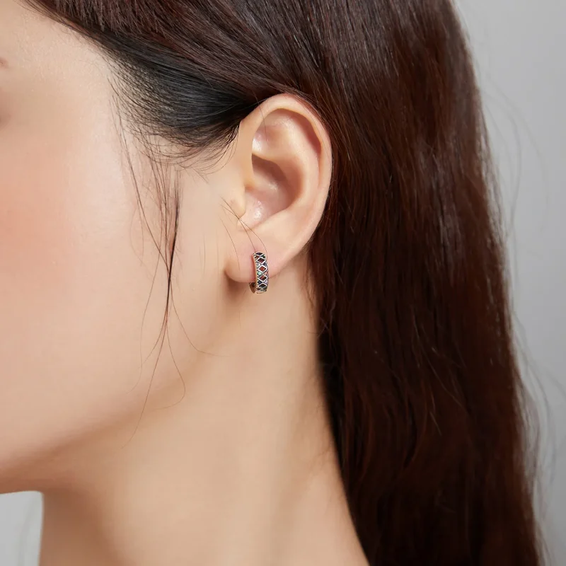 (image for) Pandora Style Silver Color Dot Blocks Hoop Earrings - SCE1123 - View 5