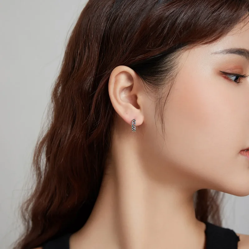 (image for) Pandora Style Silver Color Dot Blocks Hoop Earrings - SCE1123 - View 7