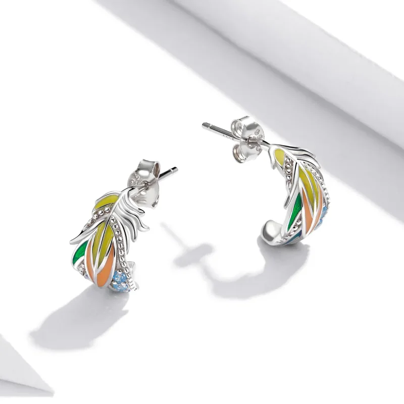 (image for) Pandora Style Silver colored feathers Stud Earrings - SCE1128 - View 4