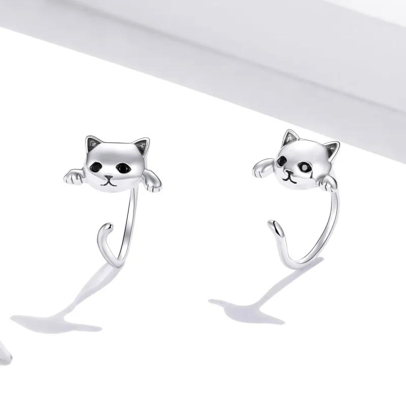 (image for) Pandora Style Silver Cute Cat Hoop Earrings - SCE965 - View 2