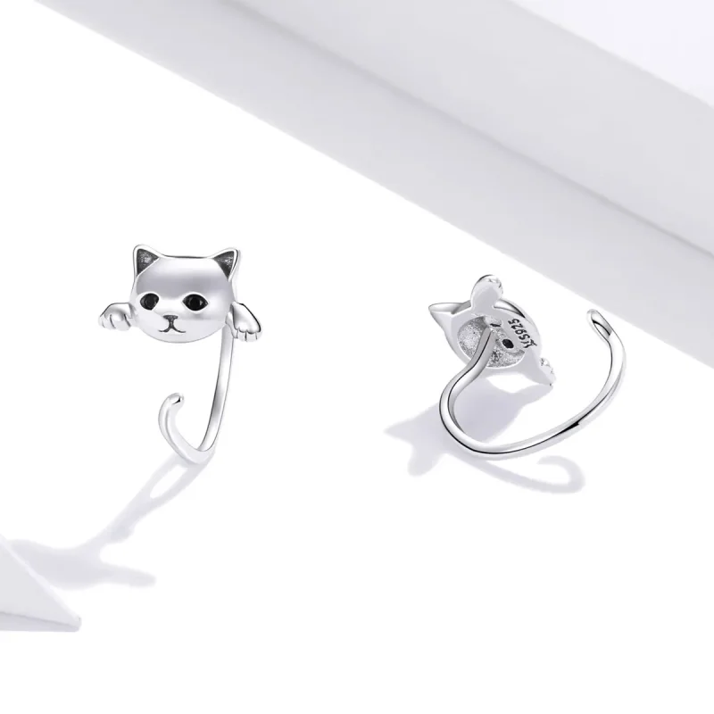 (image for) Pandora Style Silver Cute Cat Hoop Earrings - SCE965 - View 4