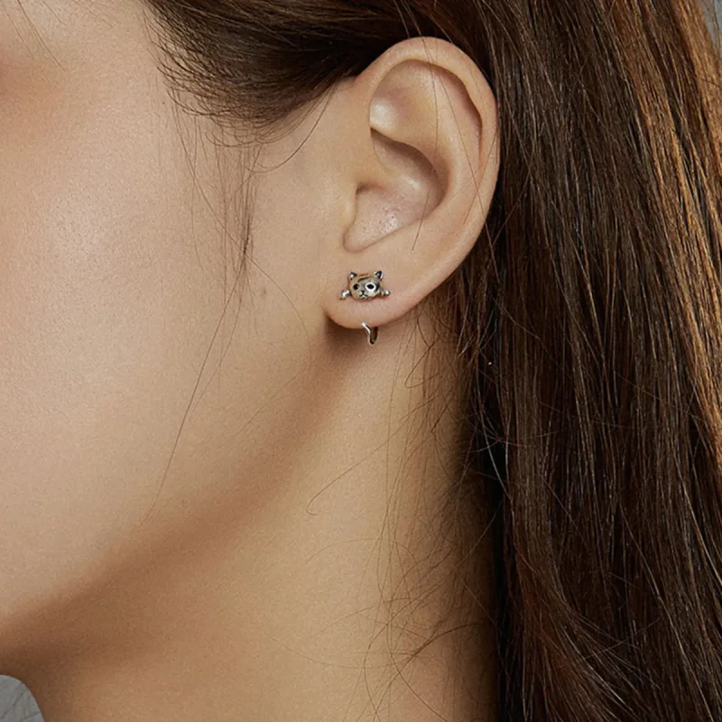 (image for) Pandora Style Silver Cute Cat Hoop Earrings - SCE965 - View 5