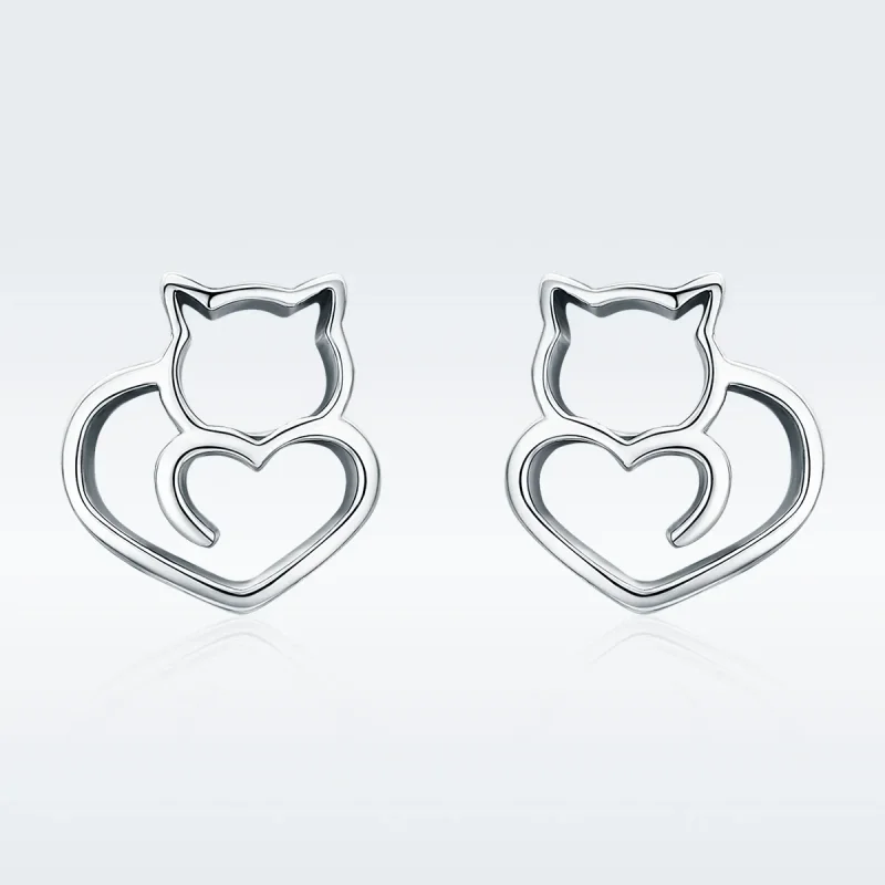(image for) Pandora Style Silver Cute Cat Stud Earrings - SCE271 - View 2