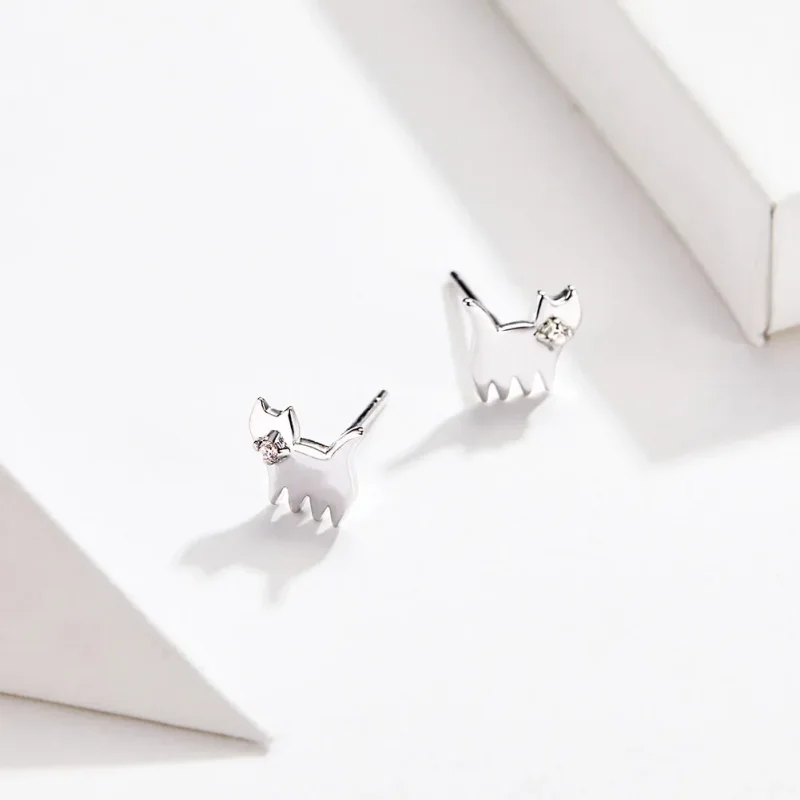 (image for) Pandora Style Silver Cute Cat Stud Earrings - SCE656 - View 2