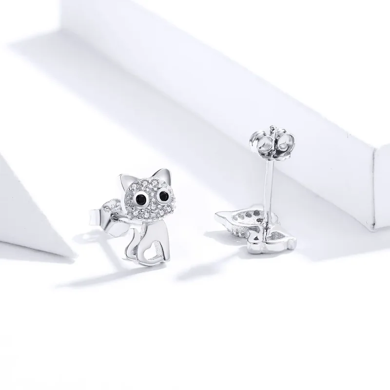 (image for) Pandora Style Silver Cute Cat Stud Earrings - SCE797 - View 3