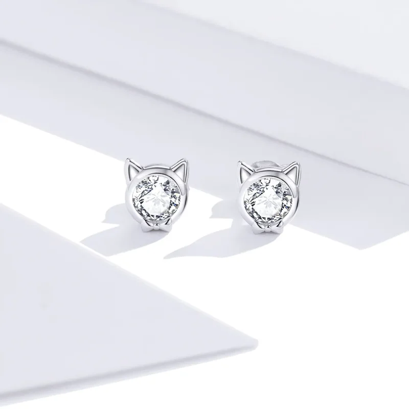 (image for) Pandora Style Silver Cute Cat Stud Earrings - SCE899 - View 2