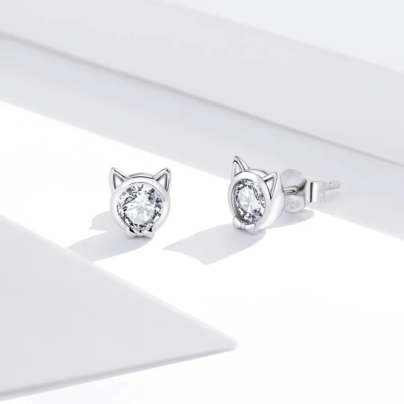 (image for) Pandora Style Silver Cute Cat Stud Earrings - SCE899 - View 3