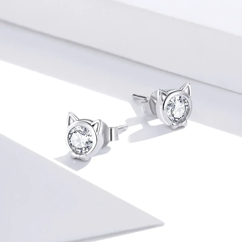 (image for) Pandora Style Silver Cute Cat Stud Earrings - SCE899 - View 4