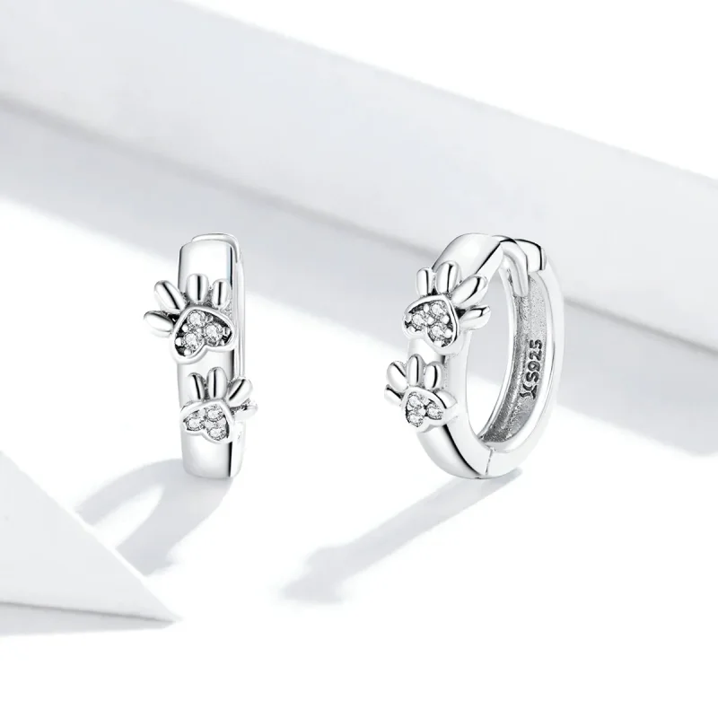 (image for) Pandora Style Silver Cute Paw Print Hoop Earrings - SCE938 - View 2