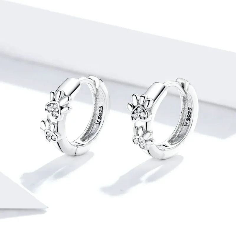(image for) Pandora Style Silver Cute Paw Print Hoop Earrings - SCE938 - View 3