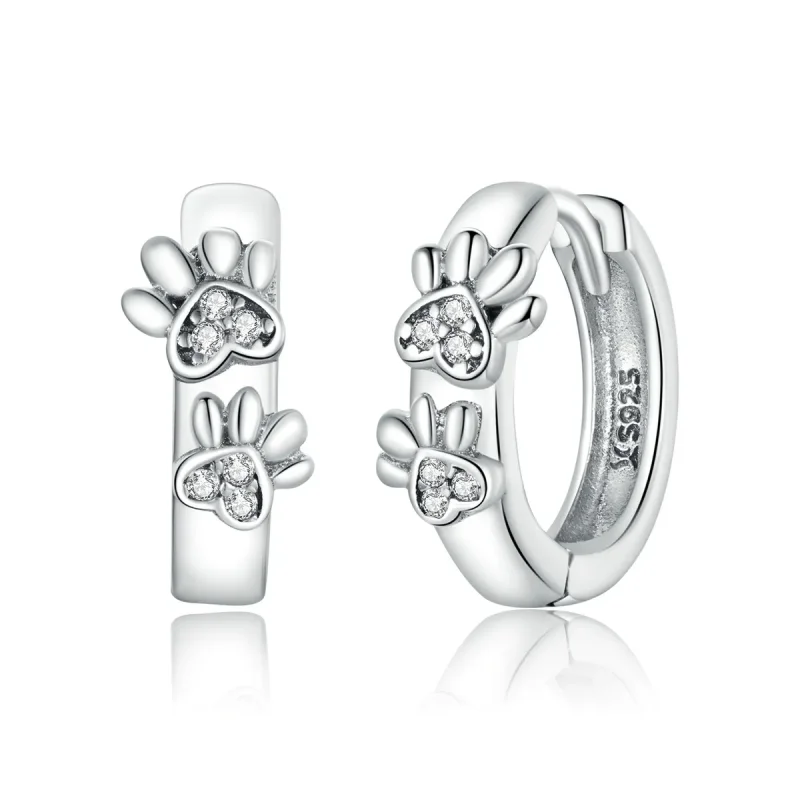 (image for) Pandora Style Silver Cute Paw Print Hoop Earrings - SCE938