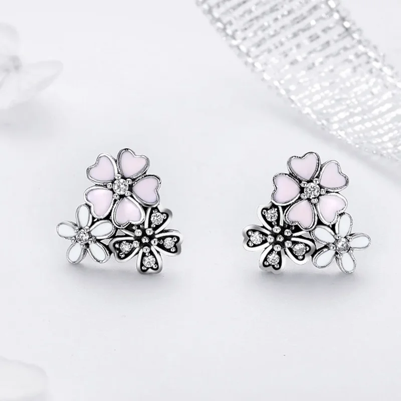 (image for) Pandora Style Silver Daisies and Cherry Blossoms Stud Earrings - SCE400 - View 2