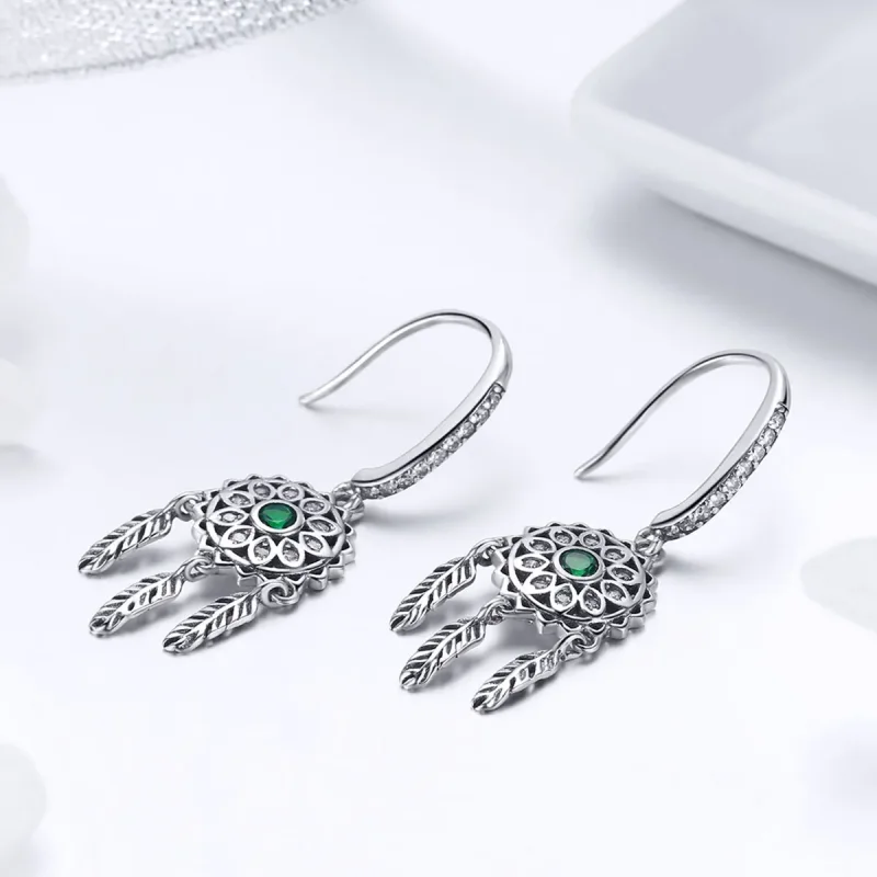 (image for) Pandora Style Silver Dreamcatcher Hanging Earrings - SCE441 - View 2