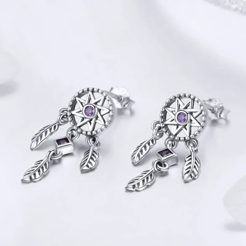 (image for) Pandora Style Silver Dreamcatcher Hanging Earrings - SCE502 - View 2