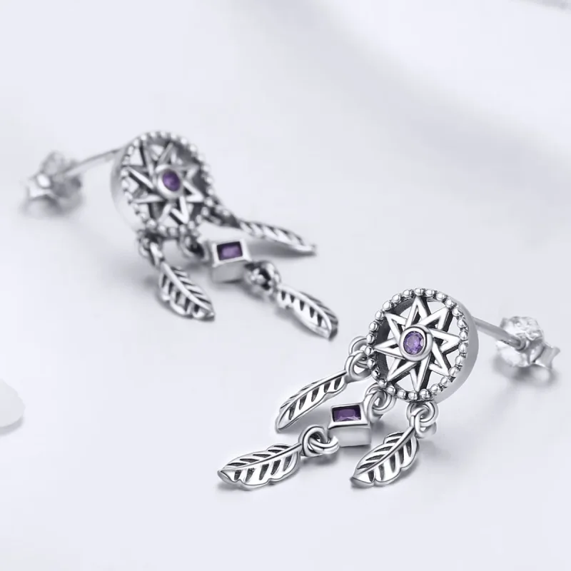 (image for) Pandora Style Silver Dreamcatcher Hanging Earrings - SCE502 - View 3
