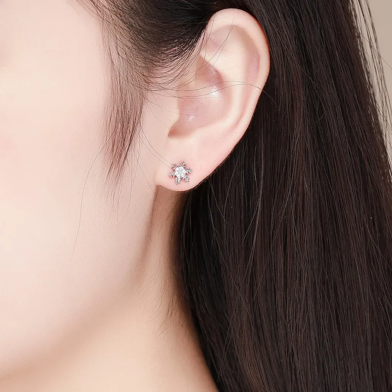 (image for) Pandora Style Silver Elegant Snowflakes Stud Earrings - BSE009 - View 5